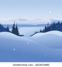 Paisaje invernal creado por la imaginación en el formato de gráficos vectoriales. Saltos de nieve y árboles de Navidad en el fondo de las montañas.