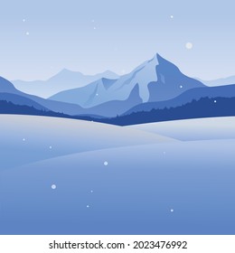 Paisaje invernal creado por la imaginación en el formato de gráficos vectoriales. Colinas nevadas y bosques contra las montañas.