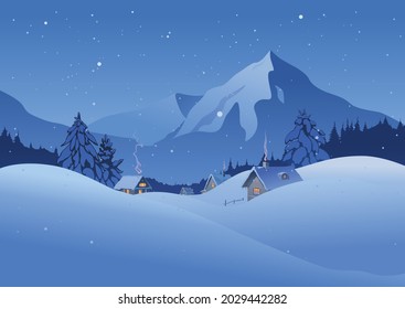 Winter landscape created by imagination in the format of vector graphics. A snowy village in the mountains amid the night sky.