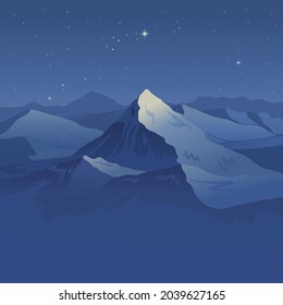 Winter landscape created by imagination in the format of vector graphics. The scene of a snowy mountain against the backdrop of a starry sky.