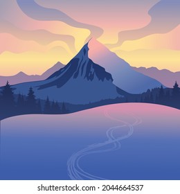 Winter landscape created by imagination in the format of vector graphics. The silhouette of a snowy mountain against the background of the evening sky.