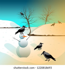 winter landscape with a crow sitting on a head of snowman