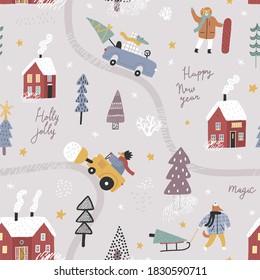 Winter landscape with cute animals, cars and houses. Winter forest. Christmas seamless pattern. 