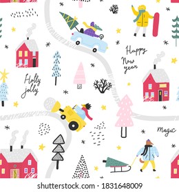 Winter landscape with cute animals, cars and red houses. Winter forest. Childish seamless pattern. Christmas background.