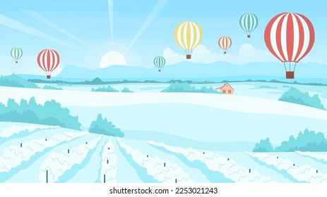 Winter landscape with cute balloons flight vector illustration. Cartoon big hot air colorful balloons flying in blue sky over snowy fields and vineyards in rural countryside sunrise scenery background