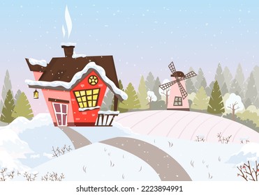 Winter landscape with a cute cartoon country house on the background of the forest. Vector illustration.