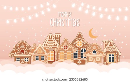 Winter landscape with cute gingerbread houses in the snow, Merry Christmas greeting card template with inscription. Illustration in flat style. Vector