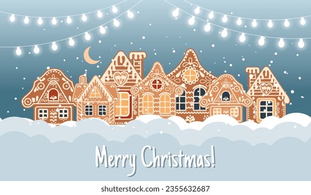 Winter landscape with cute gingerbread houses in the snow, Merry Christmas greeting card template with inscription. Illustration in flat style. Vector