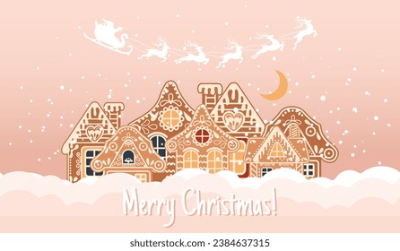 Winter landscape with cute gingerbread houses, Santa with reindeer and night sky. Merry Christmas greeting card template. Illustration in flat style. Vector