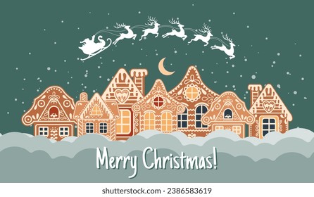 Winter landscape with cute gingerbread houses, Santa with reindeer and night sky. Merry Christmas greeting card template. Illustration in flat style. Vector