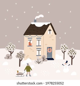 Winter landscape. Cute house covered with snow. Man pulls sled with a kid. Hand drawn vector illustration.