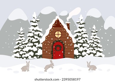 Winter landscape with cute houses, fir trees and hares in the snow. Merry Christmas greeting card template. Illustration in flat style. Vector