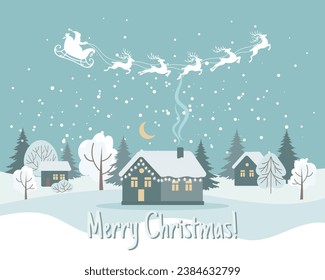 Winter landscape with cute houses, Santa on his sleigh with reindeers and the night sky. Merry Christmas greeting card template. Illustration in flat style. Vector