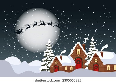 Winter landscape with cute houses, Santa on his sleigh with reindeers and the night sky. Merry Christmas greeting card template. Illustration in flat style. Vector