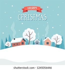 Winter landscape with cute houses and trees, merry christmas greeting card template. Vector illustration in flat style