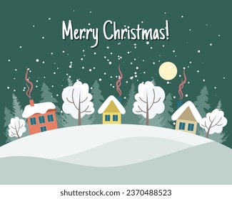 Winter landscape with cute houses, trees and night sky with moon, Merry Christmas greeting card template. Illustration in flat style. Vector