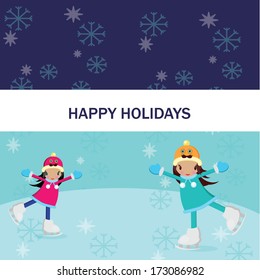 Winter landscape with cute  Ice Skating girls 