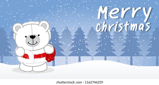 Winter landscape with Cute Polar Bear cartoon in Santa Cross dress for Merry Christmas, Vector illustration