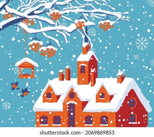 Winterlandschaft mit süßem rotem Haus im Schnee, schneebedeckten Ästen und roten Haufen von Rowan, einem Paar Stierkämpfe und einem Vogelfeder. Cartoon-Vektorbanner oder Grußkarte im flachen Stil