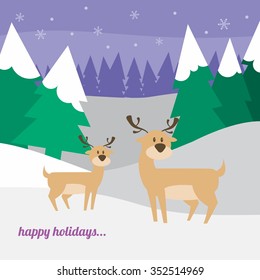 Winter Landscape with Cute Reindeer