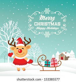Winter landscape with cute reindeer and typography design