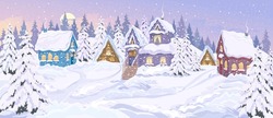 Winter Landscape. Cute Village Houses On Snow-covered Hills. Fir Trees Covered With Snow, Snow Paths. Panorama Of The Winter Village Landscape. Winter Vacation Day. The Concept Of Christmas. Vector