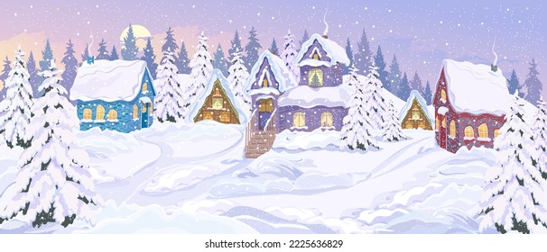 Winter landscape. Cute village houses on snow-covered hills. Fir trees covered with snow, snow paths. Panorama of the winter village landscape. Winter vacation day. The concept of Christmas. Vector