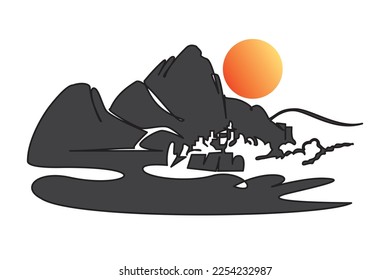 Winter landscape of dam in mountainous waters in firs snow. Vector illustration of dam, river, forest, mountain silhouette orange full sun. Icon, symbol, logo and winter travel poster. 