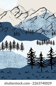 Winter landscape with dark forest, distant mountains and moon at the sky. Vector illustration.