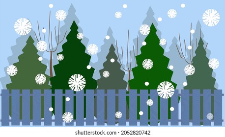 Winter landscape with deciduous and coniferous trees behind the fence in a cartoon style. Vector illustration for the design of New Year cards, banners, wallpaper