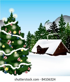 winter landscape with decorated christmas tree