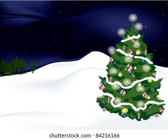 winter landscape with decorated christmas tree