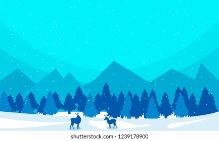 winter landscape of deer in the background of the forest and mou