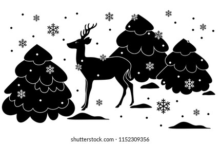 Winter landscape with deer. Deer in winter forest with snow. Christmas background. 