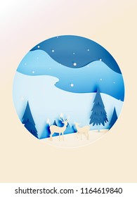 Winter landscape and deer with paper art style and pastel color scheme vector illustration