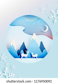 Winter landscape and deer with paper art style and pastel color scheme vector illustration