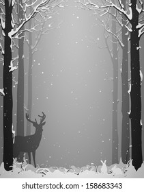 winter landscape with deer and rabbits. black and white, vector illustration