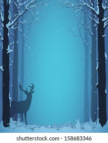 winter landscape with deer and rabbits. vector illustration