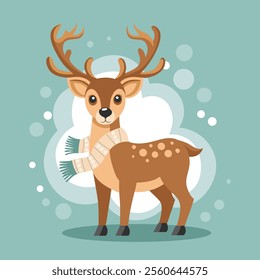 Winter landscape, deer in a scarf on a snow background. Holiday illustration. Wildlife illustration in flat style