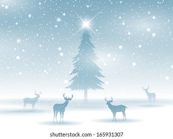 Winter landscape with deer silhouettes