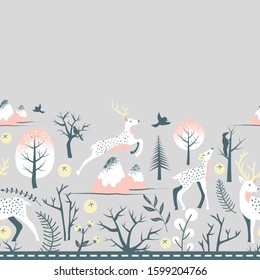 Winter Landscape Deer Vector Seamless Horizontal Border Background