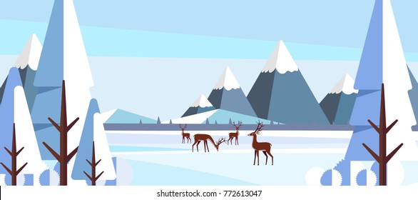 Winter Landscape with Deers in Flat Style Illustartion
