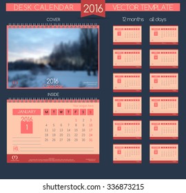 Winter landscape. Design Desk Calendar 2016. Vector Templates all months. Example design gift calendars for Cafes, Shops, Hotels