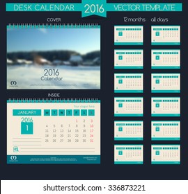 Winter landscape. Design Desk Calendar 2016. Vector Templates all months. Example design gift calendars for Cafes, Shops, Hotels