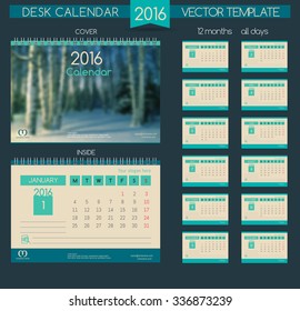  Paisaje invernal. Diseño Calendario 2016. Plantillas vectoriales todos los meses. Calendarios de regalos de diseño para cafés, tiendas, hoteles