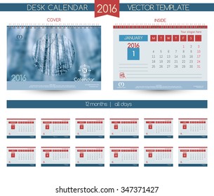 Winter landscape. Design Desk Calendar 2016. Vector Templates all months. Example design gift calendars for Cafes, Shops, Hotels