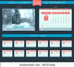 Winter landscape. Design Desk Calendar 2016. Vector Templates all months. Example design gift calendars for Cafes, Shops, Hotels