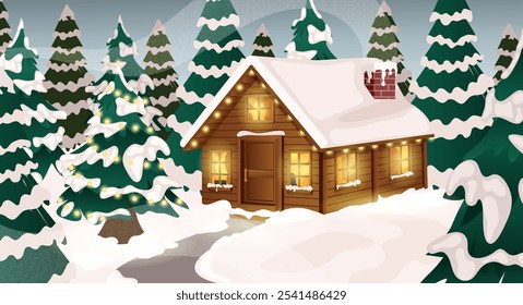 Winter Landscape Detailed Illustration. Cozy Wooden Cabin with Chimney Srounded by Snow Covered Trees. Snowy Forest Cartoon Background 