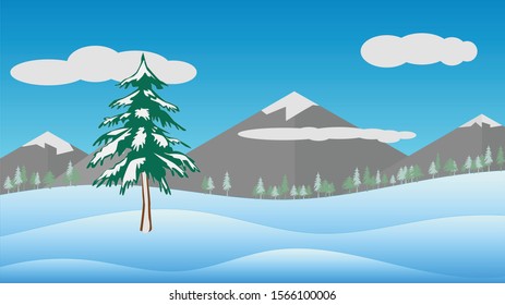 Winter landscape digital illustration vector. Beautiful Christmas winter flat landscape background. Christmas forest woods with mountains. New Year greeting card. 