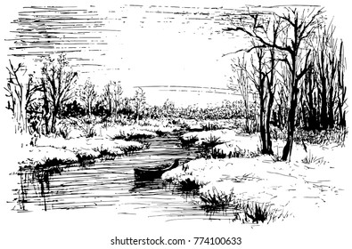 Winter landscape drawn by hand and traced in vector, melting snow on the Christmas trees, boat on the river, spring comes.